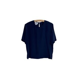 Linda Hutton 100% Silk Blouse Women Large Navy Blue Short Sleeve Keyhole D07